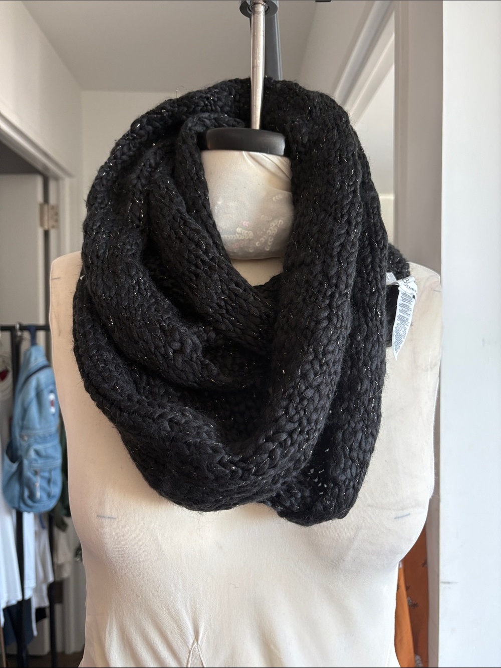 BCBGeneration Black Chunky Knit Infinity Scarf with Subtle Metallic Thread